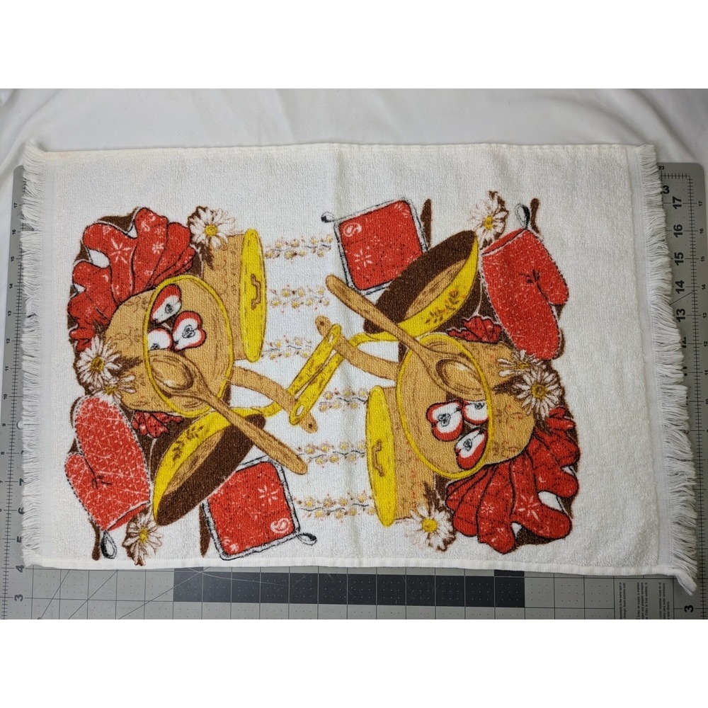 Kitchen Hand Towel Apple Pots Spoon 15x22 Inch Vintage